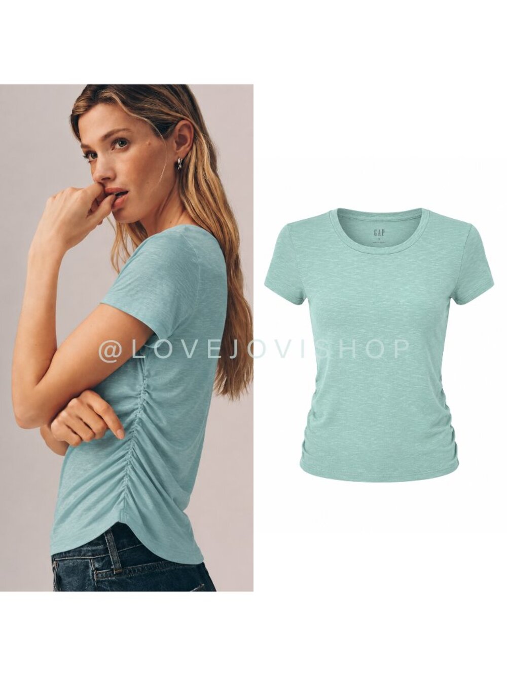 Beach | GAP Mint Crew Neck Short Sleeve Tee Ribbed Side Ruching | Cotton Blend M